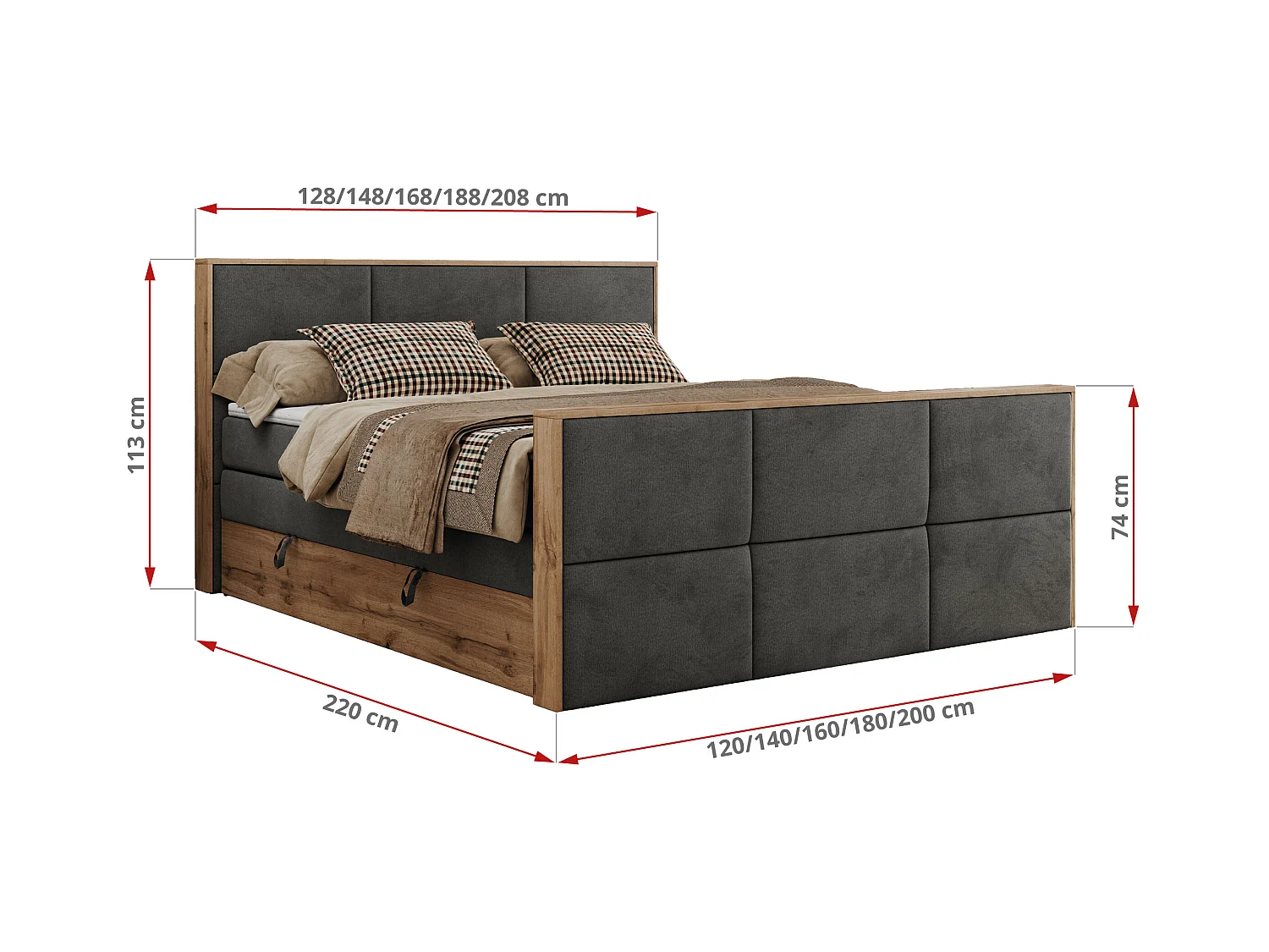 Boxspringbett ALBERO 2 KING DUO - Eiche Wotan Holzrahmen, zwei Multipocket-Matratzen, Bettkästen - 140x200 cm - H3 - Dunkelgrau Velvet