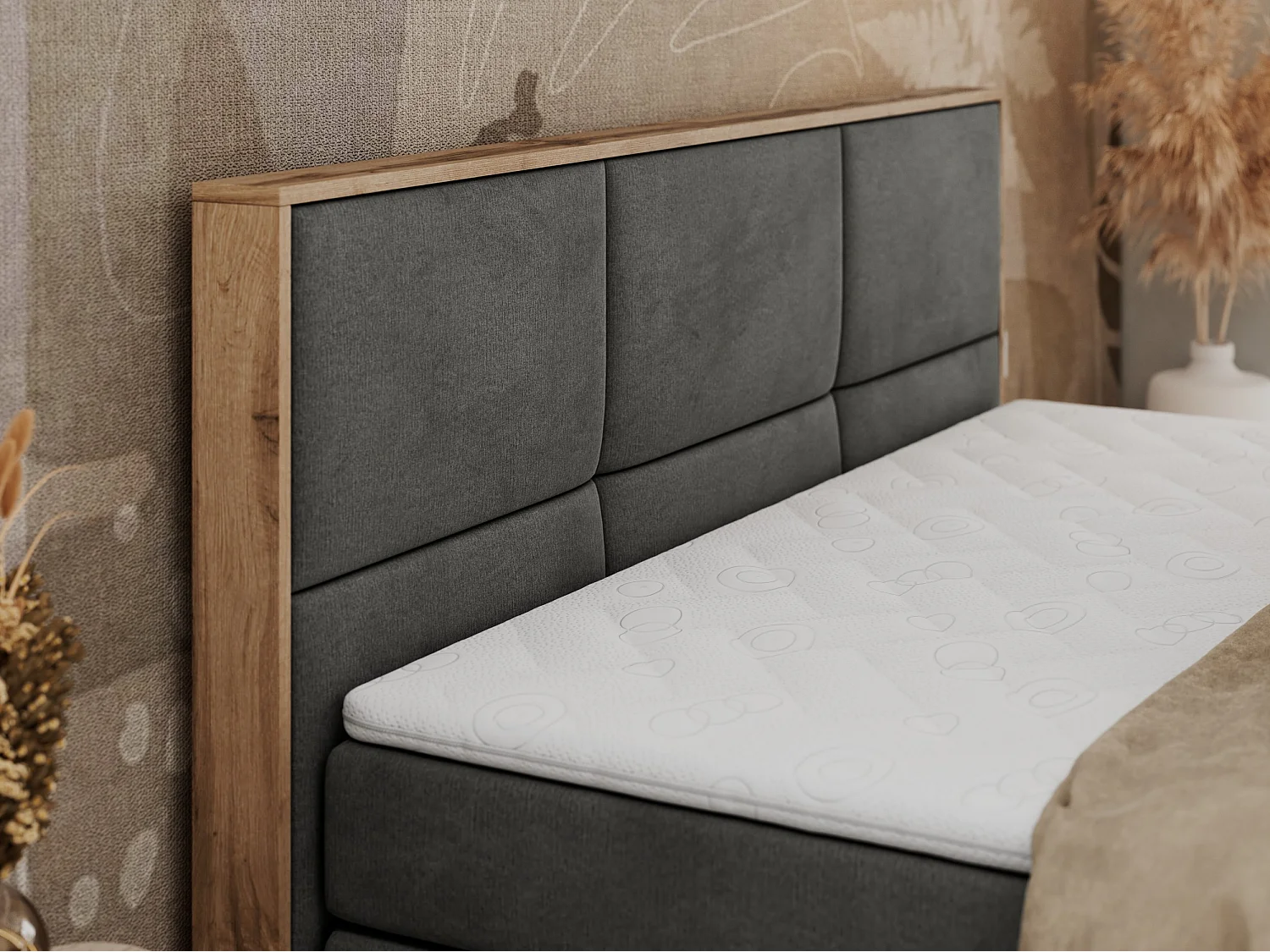 Boxspringbett ALBERO 2 KING DUO - Eiche Wotan Holzrahmen, zwei Multipocket-Matratzen, Bettkästen - 140x200 cm - H3 - Dunkelgrau Velvet