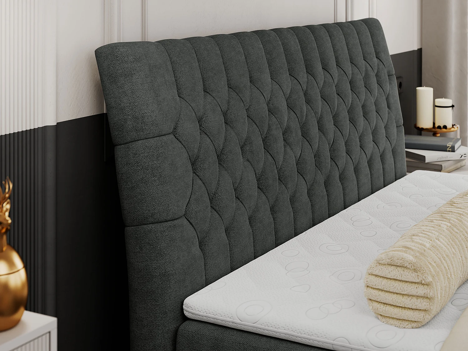 Boxspringbett MILEN - gepolstertes Schlafzimmerbett, zwei Multipocket-Matratze, dekorative hohe Beine - 180x200 cm - H4 - Dunkelgrau Strukture