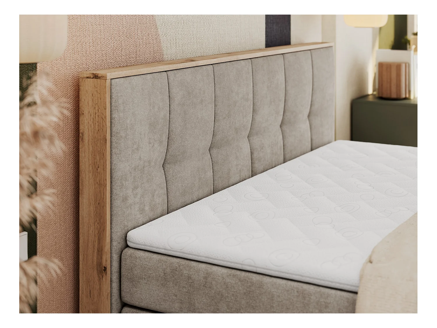 Boxspringbett ALBERO 1 KING - zwei 7 Härtezonen Multipocket-Matratzen, Doppelbett mit Stauraum, Eiche Wotan Holzrahmen - 160x200 cm - H3 - Beige Strukture