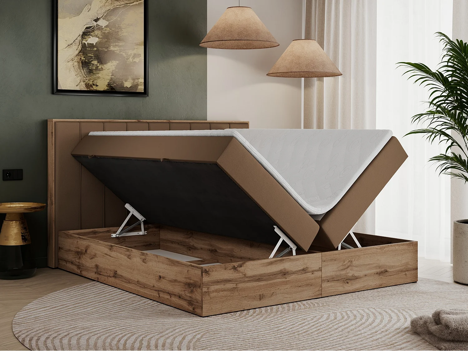 Boxspringbett BELLISSIMO - mit gestepptem Kopfteil, Polsterbett mit zwei Bettkästen, Multipocket-Matratze - 200x200 cm - H4 - Braun Kunstleder