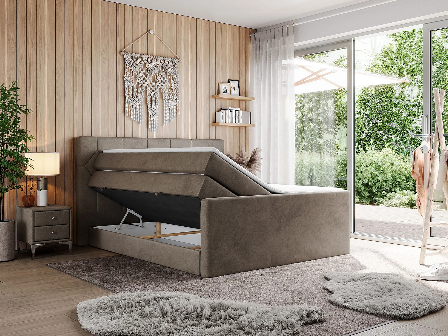 Boxspringbett EIGAR KING - Doppelbett mit genähtem Kopfteil, zwei Multipocket-Matratzen, Polsterbett für Schlafzimmer - 160x200 cm - H4 - Braun Velvet