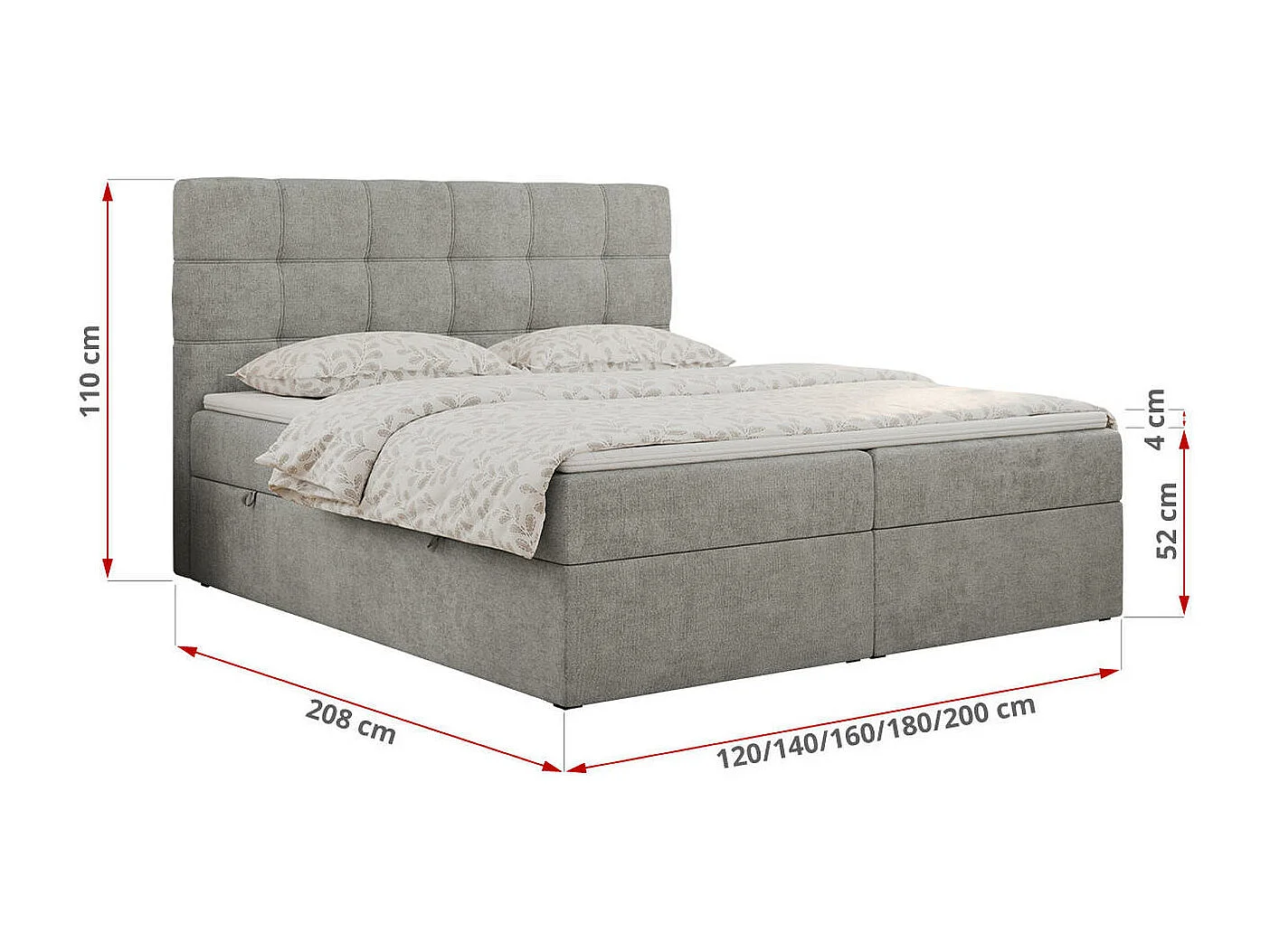 Boxspringbett ERNI - mit gestepptem Kopfteil, Polsterbett, Multipocket-Matratze und Topper, Bettkästen - 200x200 cm - H3 - Hellgrau Stukture