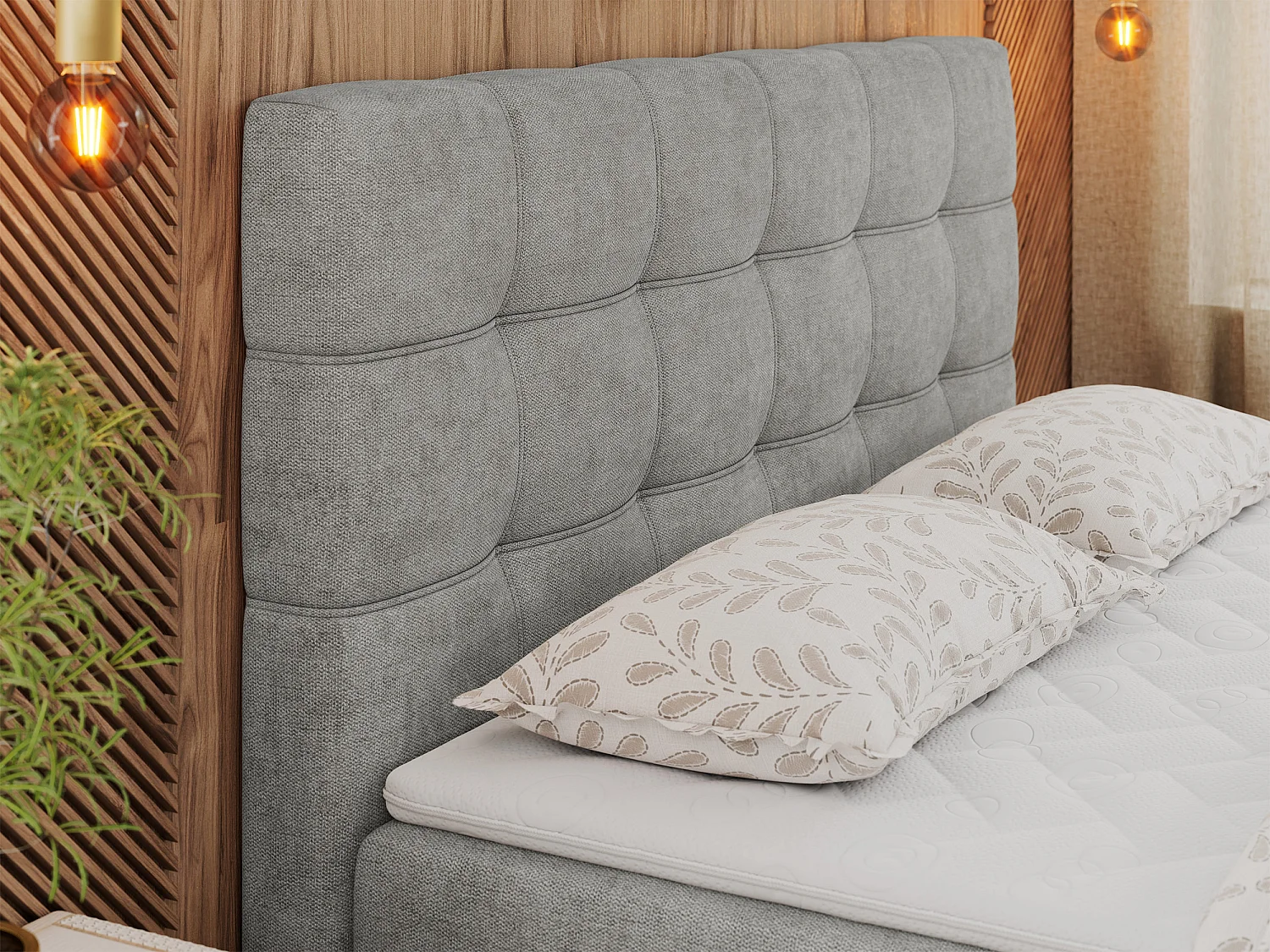 Boxspringbett ERNI - mit gestepptem Kopfteil, Polsterbett, Multipocket-Matratze und Topper, Bettkästen - 200x200 cm - H3 - Hellgrau Stukture
