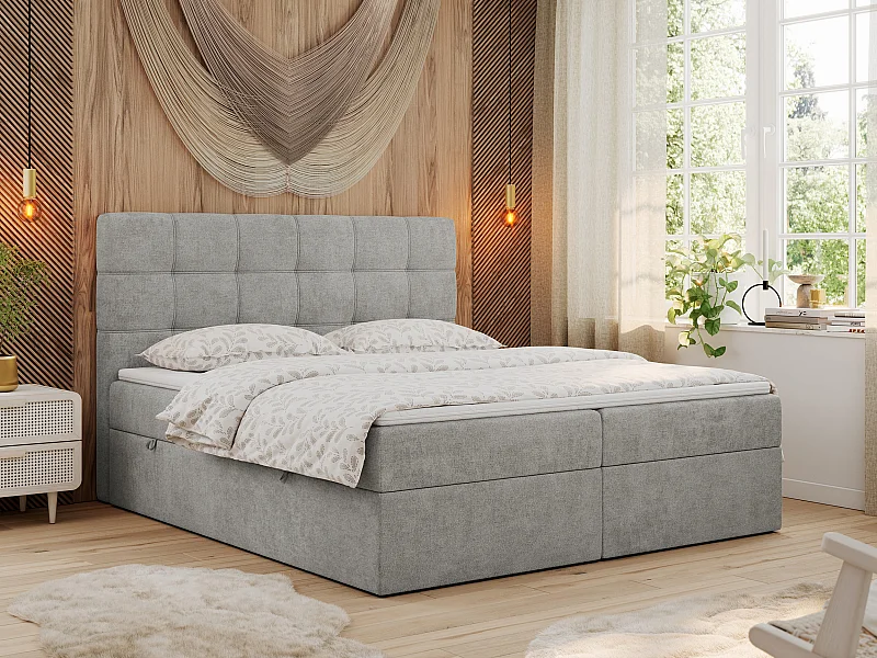 Boxspringbett ERNI - mit gestepptem Kopfteil, Polsterbett, Multipocket-Matratze und Topper, Bettkästen - 200x200 cm - H3 - Hellgrau Stukture