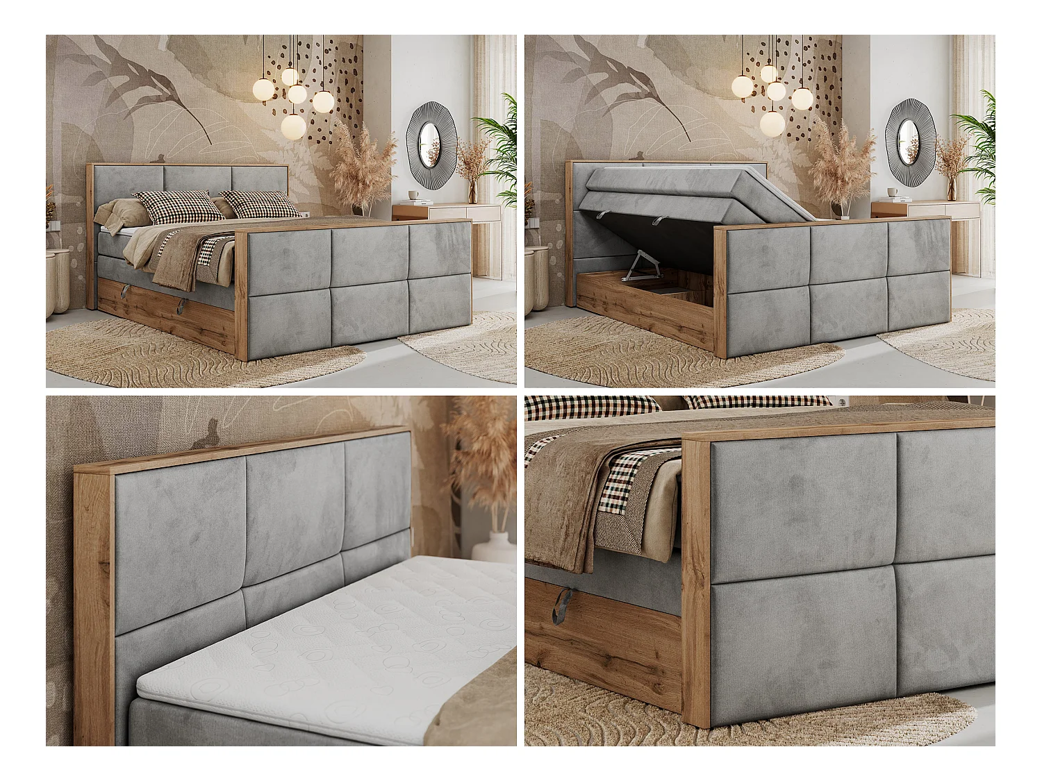 Boxspringbett ALBERO 2 KING DUO - Eiche Wotan Holzrahmen, zwei Multipocket-Matratzen, Bettkästen - 160x200 cm - H3 - Hellgrau Velvet