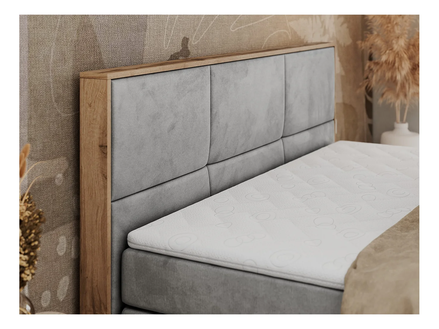 Boxspringbett ALBERO 2 KING DUO - Eiche Wotan Holzrahmen, zwei Multipocket-Matratzen, Bettkästen - 160x200 cm - H3 - Hellgrau Velvet