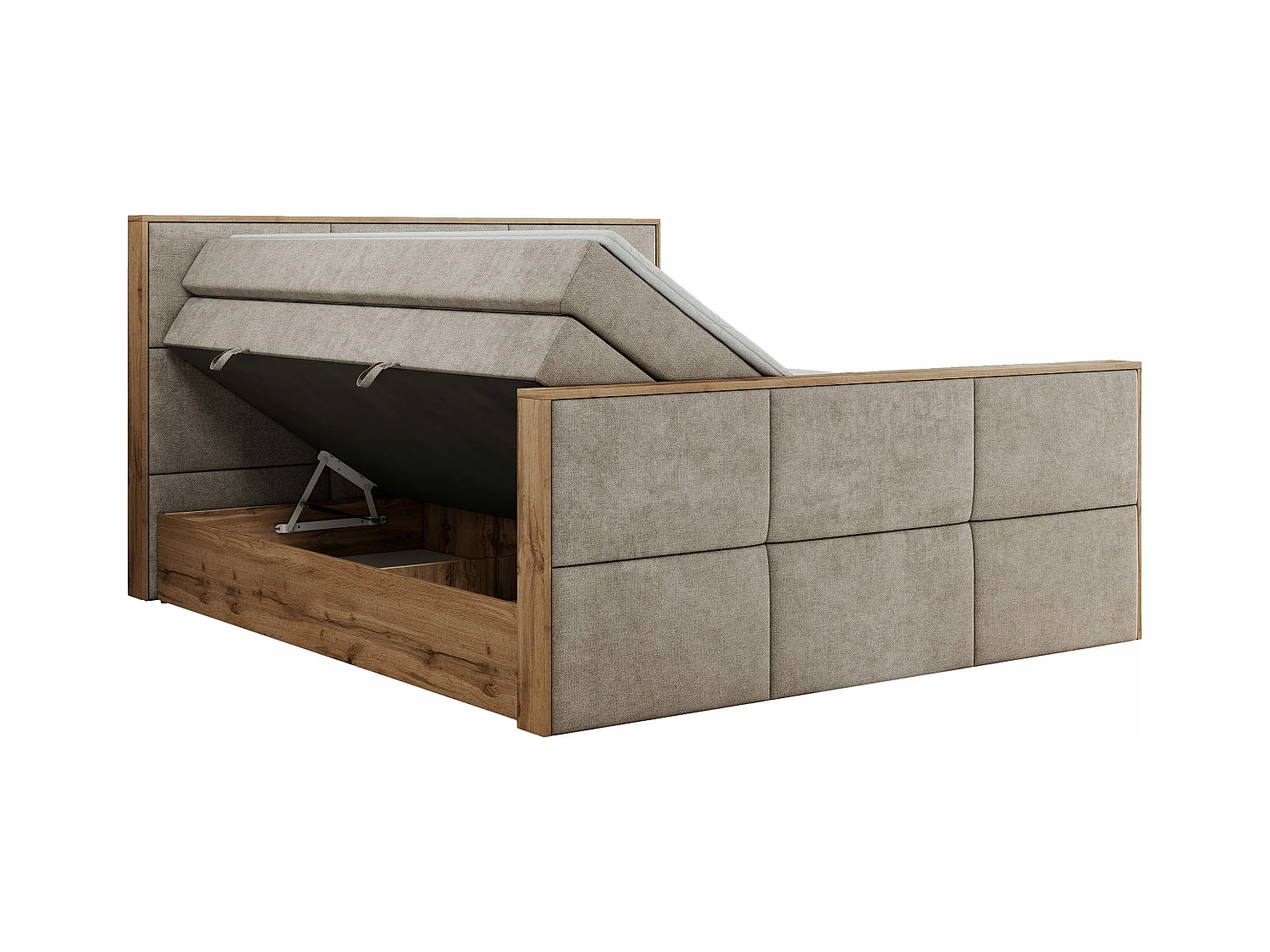 Boxspringbett ALBERO 2 KING DUO - Eiche Wotan Holzrahmen, zwei Multipocket-Matratzen, Bettkästen - 140x200 cm - H3 - Beige Strukture