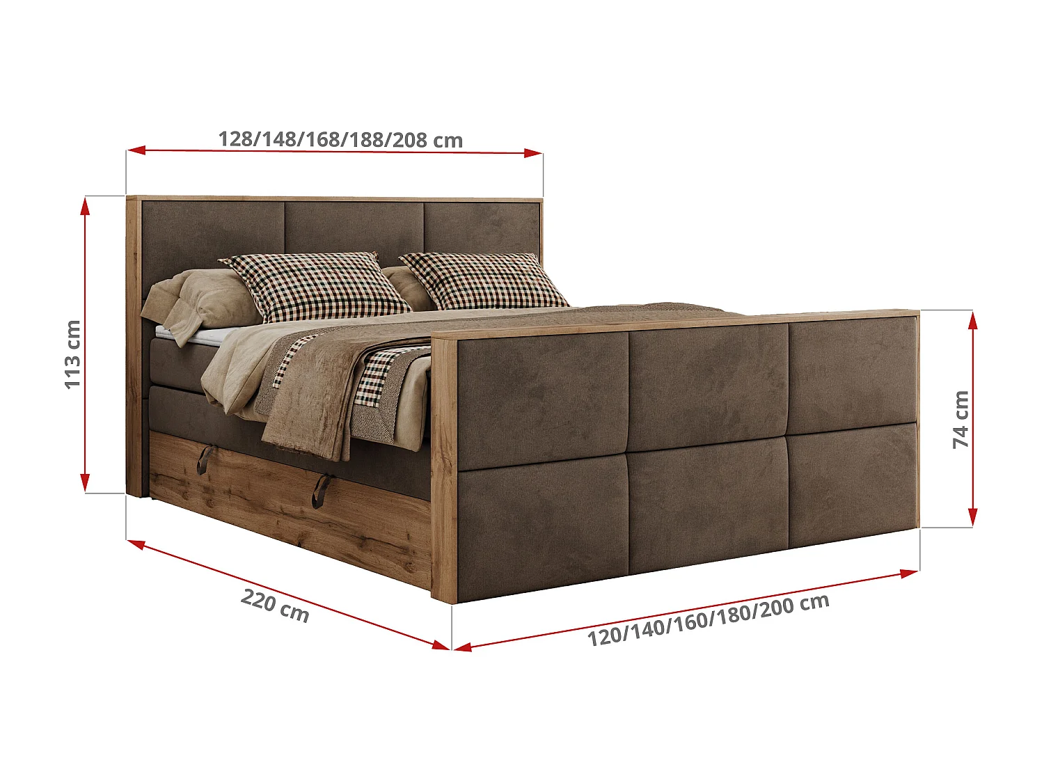 Boxspringbett ALBERO 2 KING DUO - Eiche Wotan Holzrahmen, zwei Multipocket-Matratzen, Bettkästen - 140x200 cm - H3 - Braun Velvet