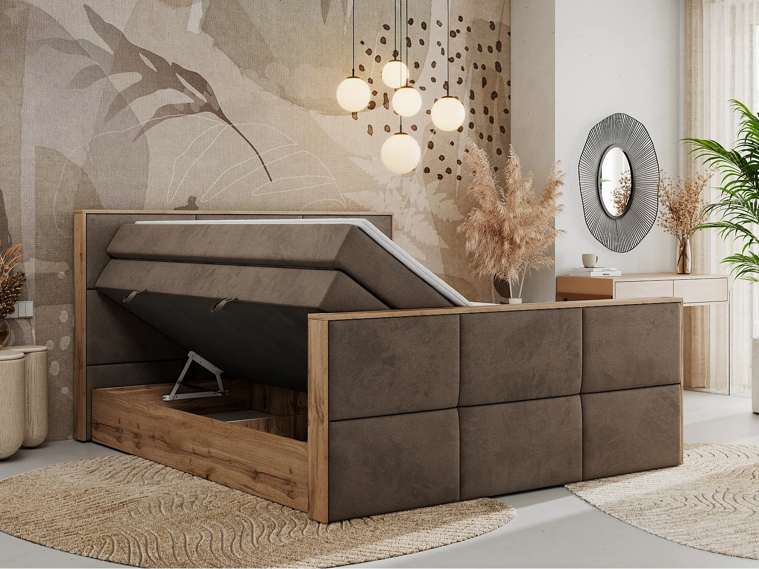 Boxspringbett ALBERO 2 KING DUO - Eiche Wotan Holzrahmen, zwei Multipocket-Matratzen, Bettkästen - 140x200 cm - H3 - Braun Velvet