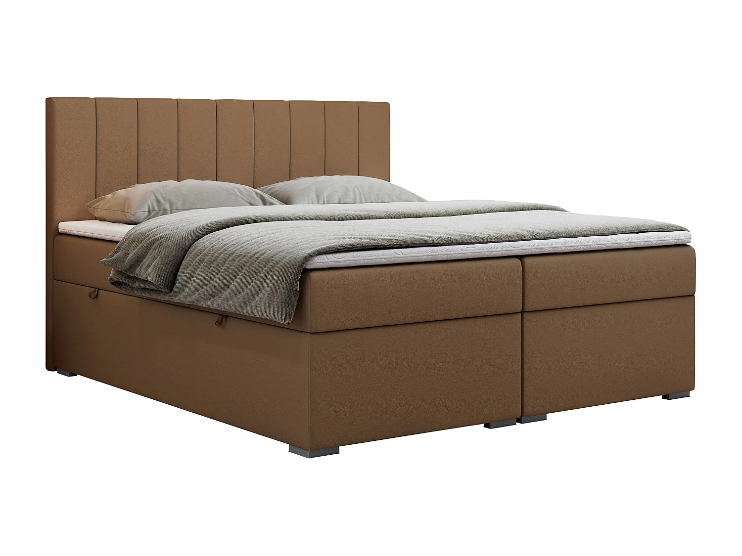 Boxspringbett LOPE - genähtes Kopfteil, Doppelbett mit Stauraum, Multipocket-Matratze, Topper - 120x200 cm - H4 - Braun Kunstleder