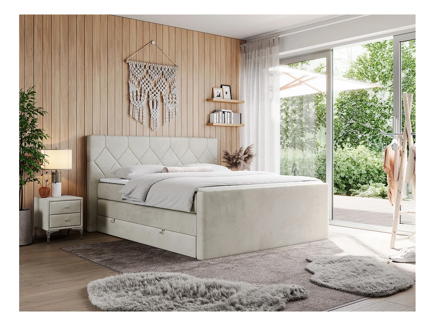 Boxspringbett EIGAR KING - Doppelbett mit genähtem Kopfteil, zwei Multipocket-Matratzen, Polsterbett für Schlafzimmer - 140x200 cm - H3 - Beige Velvet