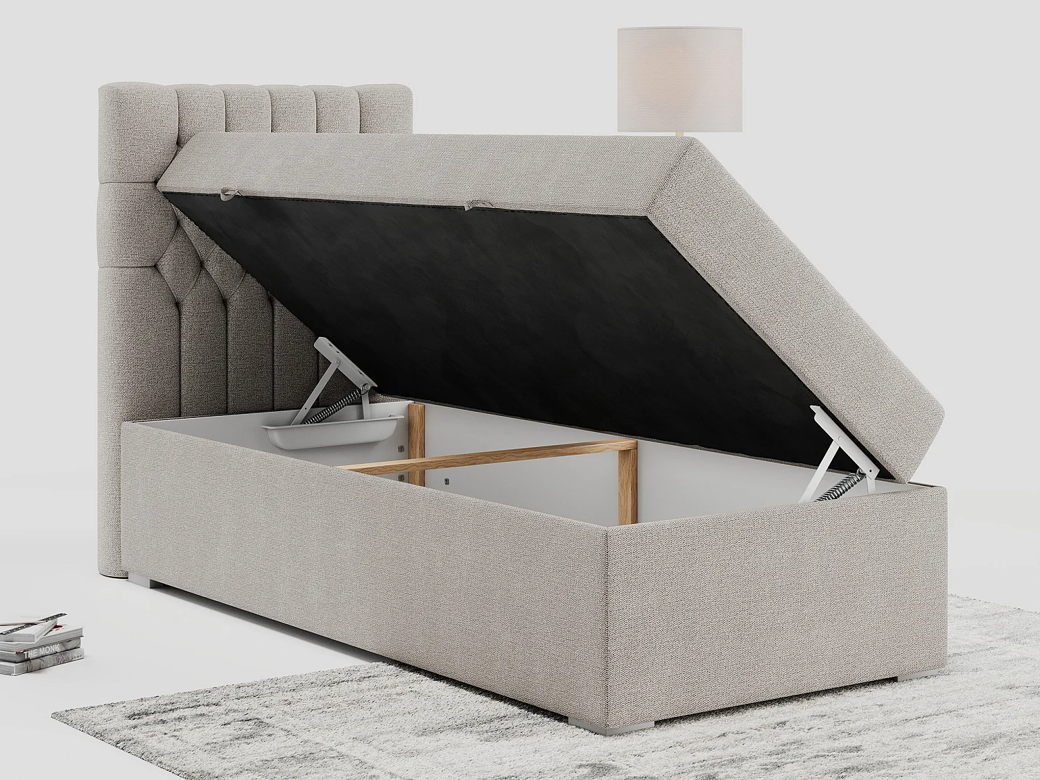 Boxspringbett PERA - Einzelbett mit Kopfstütze, Polsterbett, Multipocket-Matratze, genähtes Kopfteil - 90x200 cm - H3 - Beige Strukture - Links Seite