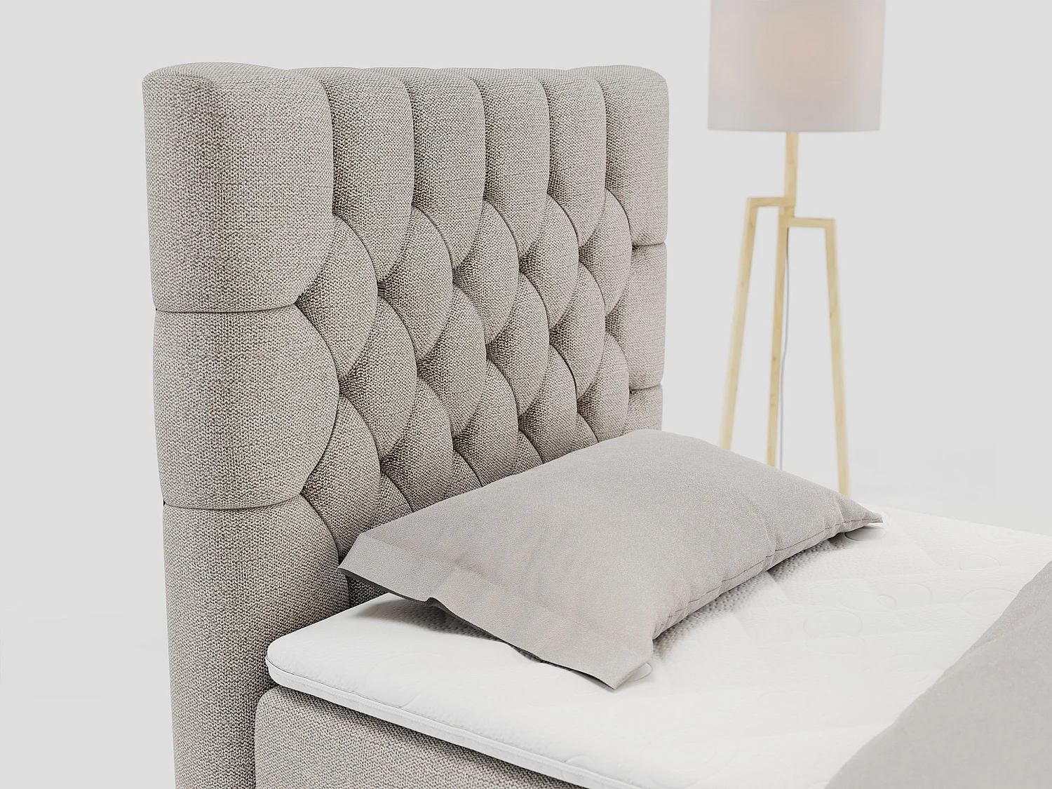 Boxspringbett PERA - Einzelbett mit Kopfstütze, Polsterbett, Multipocket-Matratze, genähtes Kopfteil - 90x200 cm - H3 - Beige Strukture - Links Seite