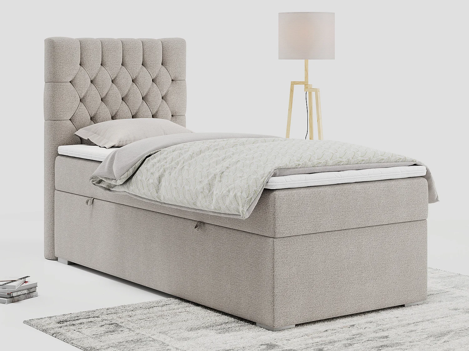 Boxspringbett PERA - Einzelbett mit Kopfstütze, Polsterbett, Multipocket-Matratze, genähtes Kopfteil - 90x200 cm - H3 - Beige Strukture - Links Seite