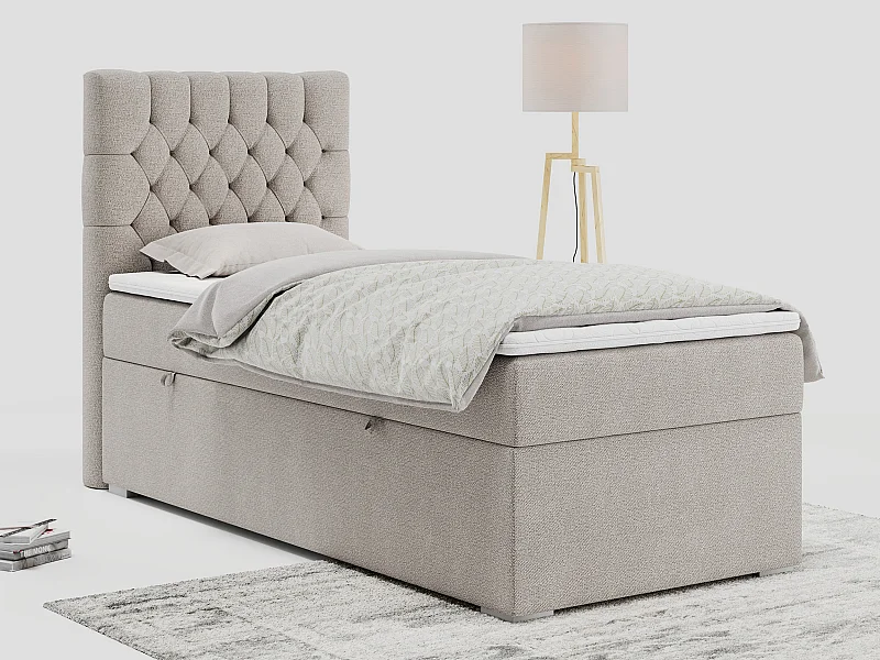 Boxspringbett PERA - Einzelbett mit Kopfstütze, Polsterbett, Multipocket-Matratze, genähtes Kopfteil - 90x200 cm - H3 - Beige Strukture - Links Seite