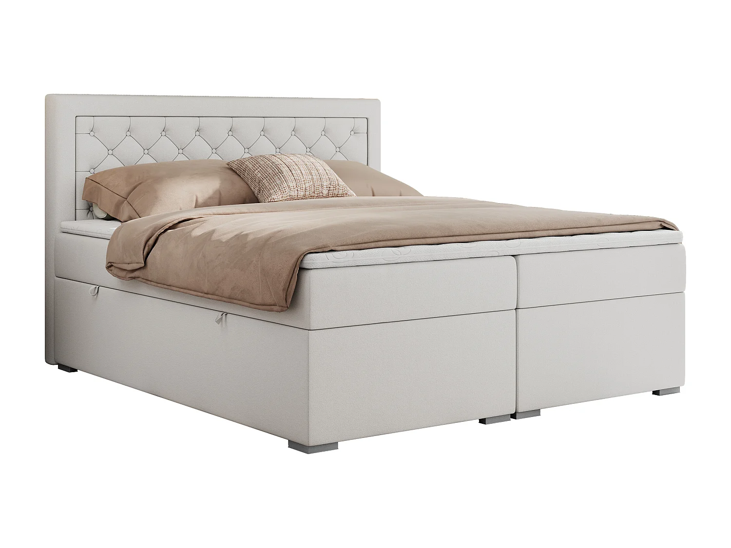 Boxspringbett JASIR - mit gestepptem Kopfteil, Doppelbett für Schlafzimmer, Multipocket-Matratze, Stauraum - 140x200 cm - H3 - Weiß Kunstleder