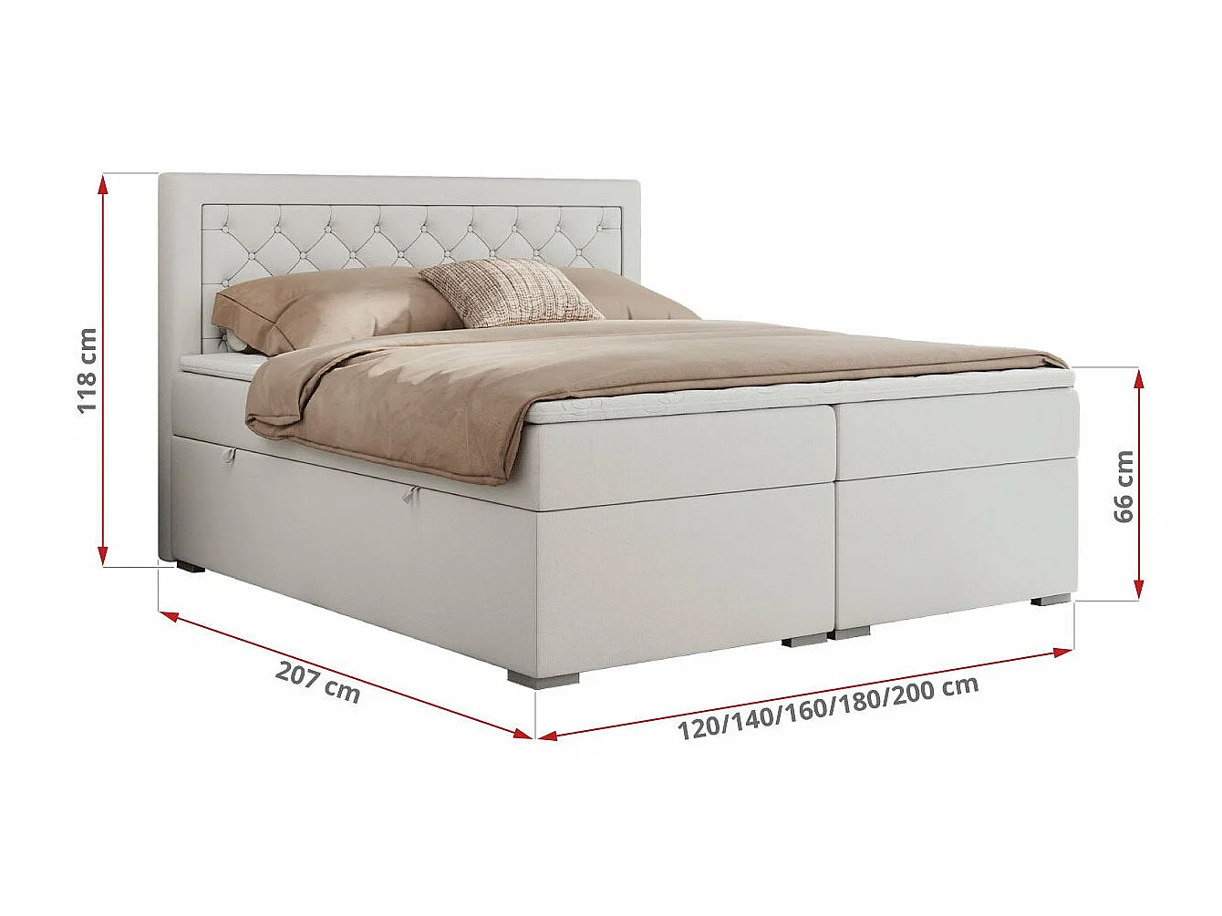 Boxspringbett JASIR - mit gestepptem Kopfteil, Doppelbett für Schlafzimmer, Multipocket-Matratze, Stauraum - 140x200 cm - H3 - Weiß Kunstleder