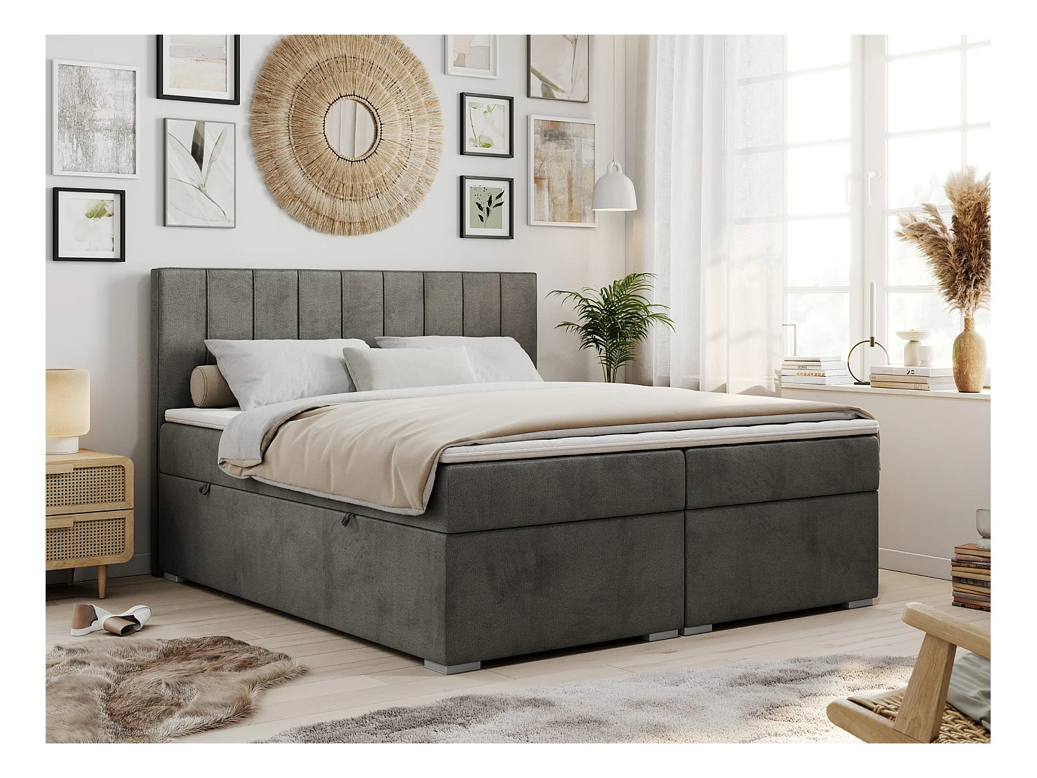 Boxspringbett ALLY - gestreiftes, genähtes Kopfteil, zwei Bettkästen, Multipocket-Matratzen, Praktisch Polsterbett - 180x200 cm - H4 - Dunkelgrau Velvet