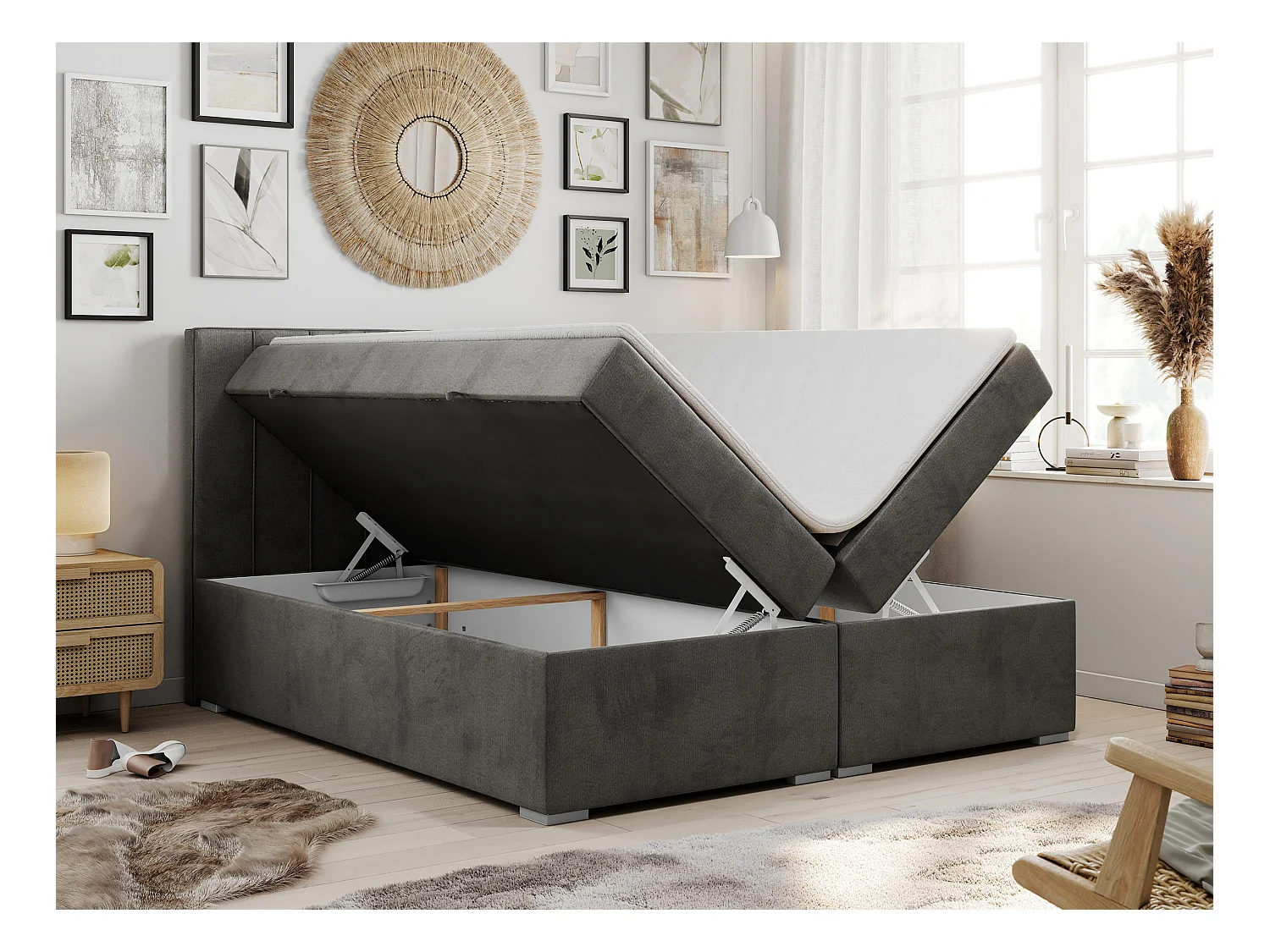 Boxspringbett ALLY - gestreiftes, genähtes Kopfteil, zwei Bettkästen, Multipocket-Matratzen, Praktisch Polsterbett - 180x200 cm - H4 - Dunkelgrau Velvet