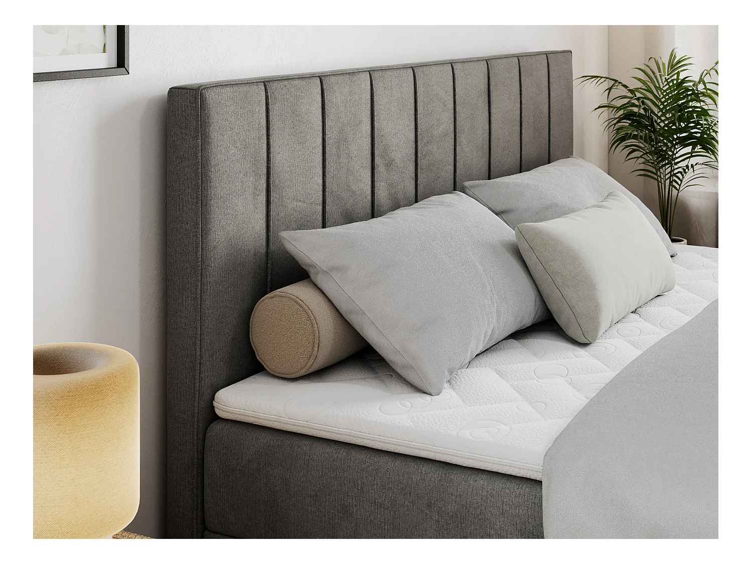 Boxspringbett ALLY - gestreiftes, genähtes Kopfteil, zwei Bettkästen, Multipocket-Matratzen, Praktisch Polsterbett - 180x200 cm - H4 - Dunkelgrau Velvet