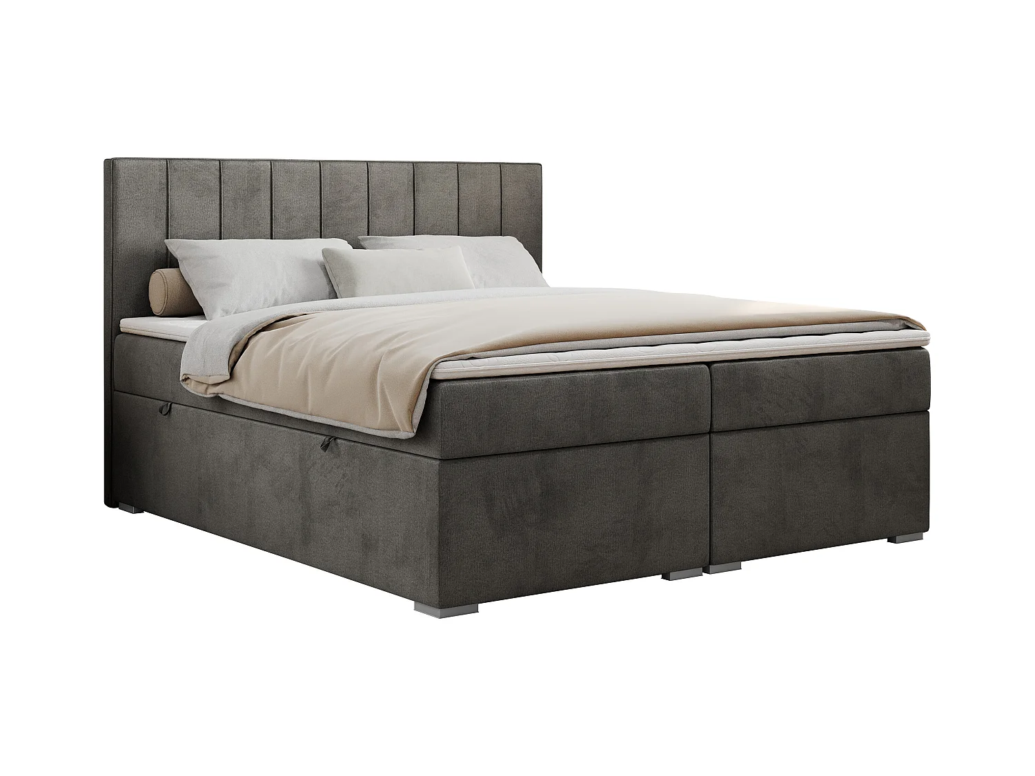Boxspringbett ALLY - gestreiftes, genähtes Kopfteil, zwei Bettkästen, Multipocket-Matratzen, Praktisch Polsterbett - 180x200 cm - H4 - Dunkelgrau Velvet