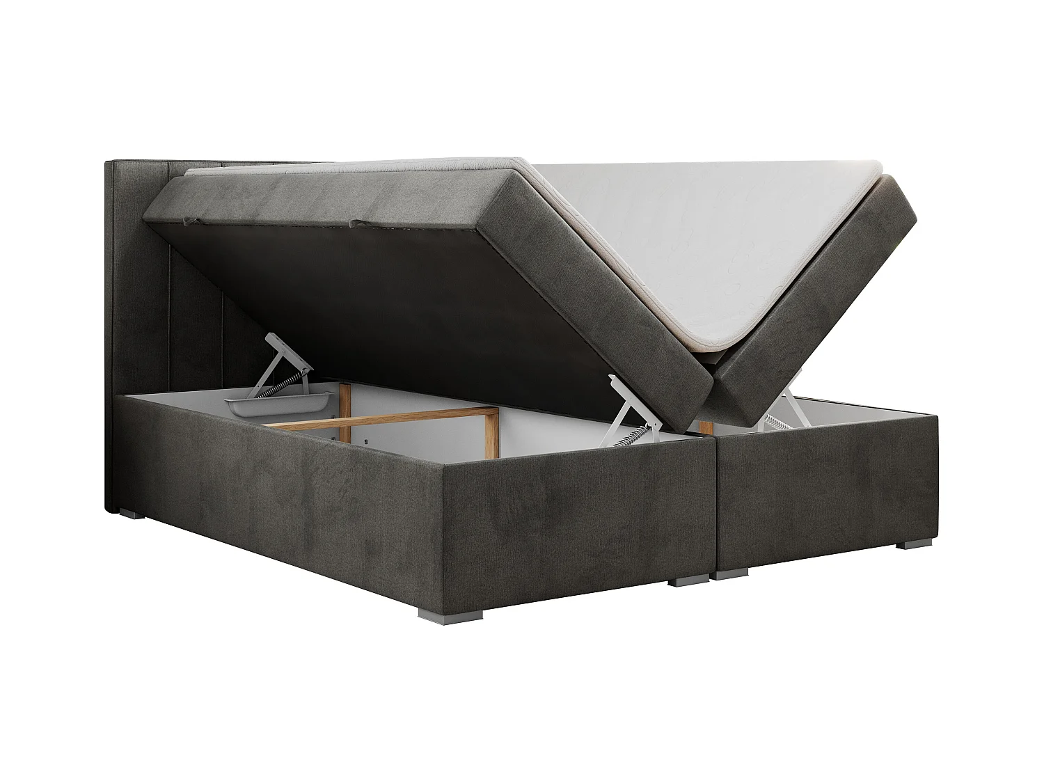 Boxspringbett ALLY - gestreiftes, genähtes Kopfteil, zwei Bettkästen, Multipocket-Matratzen, Praktisch Polsterbett - 180x200 cm - H4 - Dunkelgrau Velvet