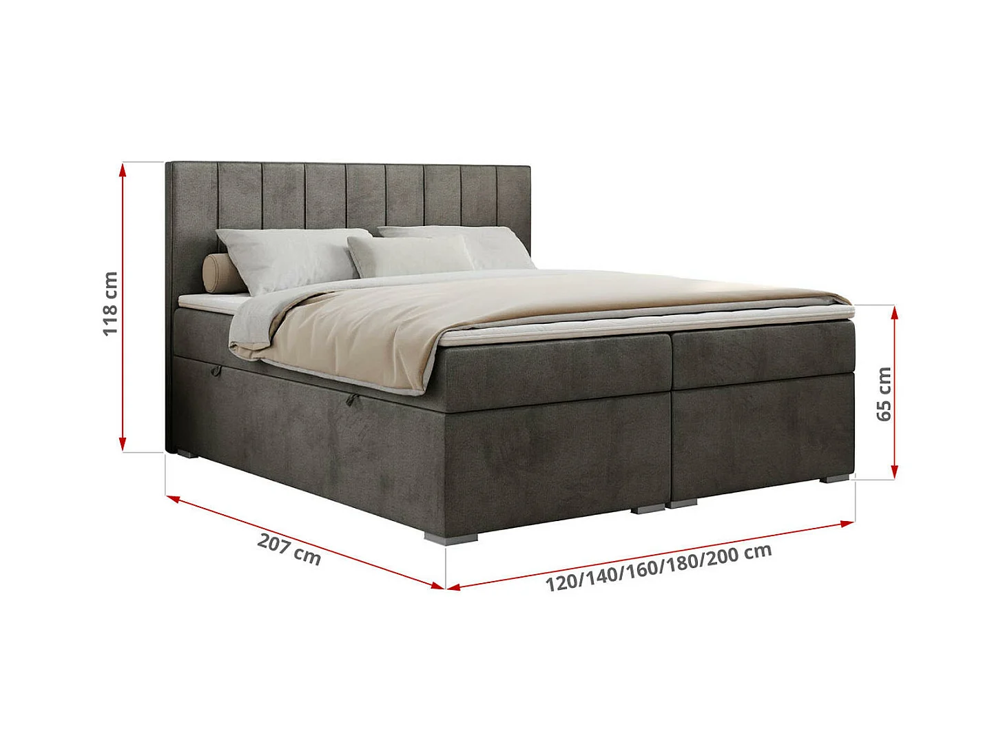 Boxspringbett ALLY - gestreiftes, genähtes Kopfteil, zwei Bettkästen, Multipocket-Matratzen, Praktisch Polsterbett - 180x200 cm - H4 - Dunkelgrau Velvet
