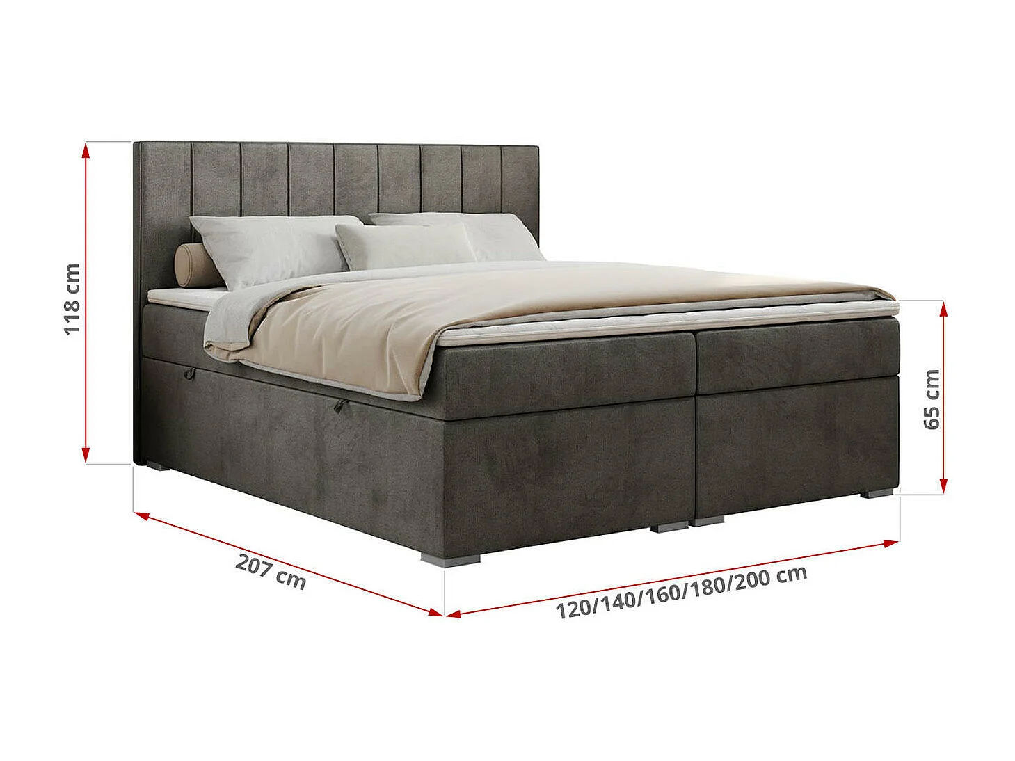 Boxspringbett ALLY - gestreiftes, genähtes Kopfteil, zwei Bettkästen, Multipocket-Matratzen, Praktisch Polsterbett - 180x200 cm - H4 - Dunkelgrau Velvet