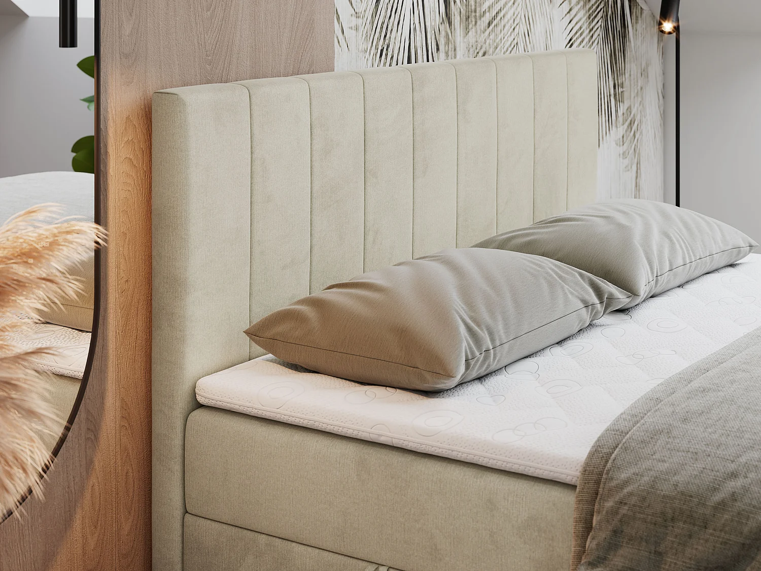 Boxspringbett LOPE - genähtes Kopfteil, Doppelbett mit Stauraum, Multipocket-Matratze, Topper - 140x200 cm - H3 - Beige Velvet