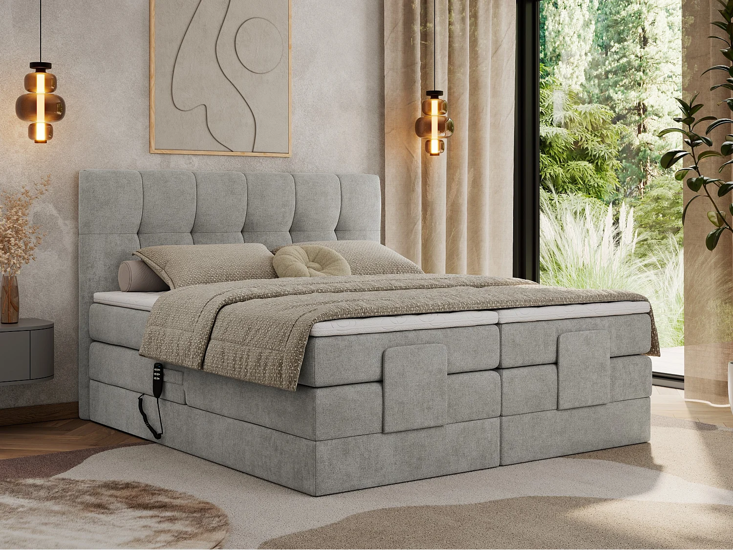 Boxspringbett VITTORIA - mit gestepptem Kopfteil, elektrischem Untergestell, Multipocket-Matratze - 200x200 cm - H3 - Hellgrau Strukture