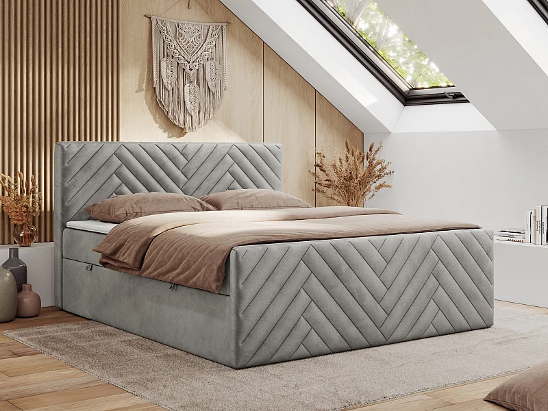 Boxspringbett PARIS DUO - Polsterbett mit genähtem Kopfteil und Frontplatte, Doppelbett, zwei Bettkästen - 180x200 cm - H3 - Hellgrau Velvet