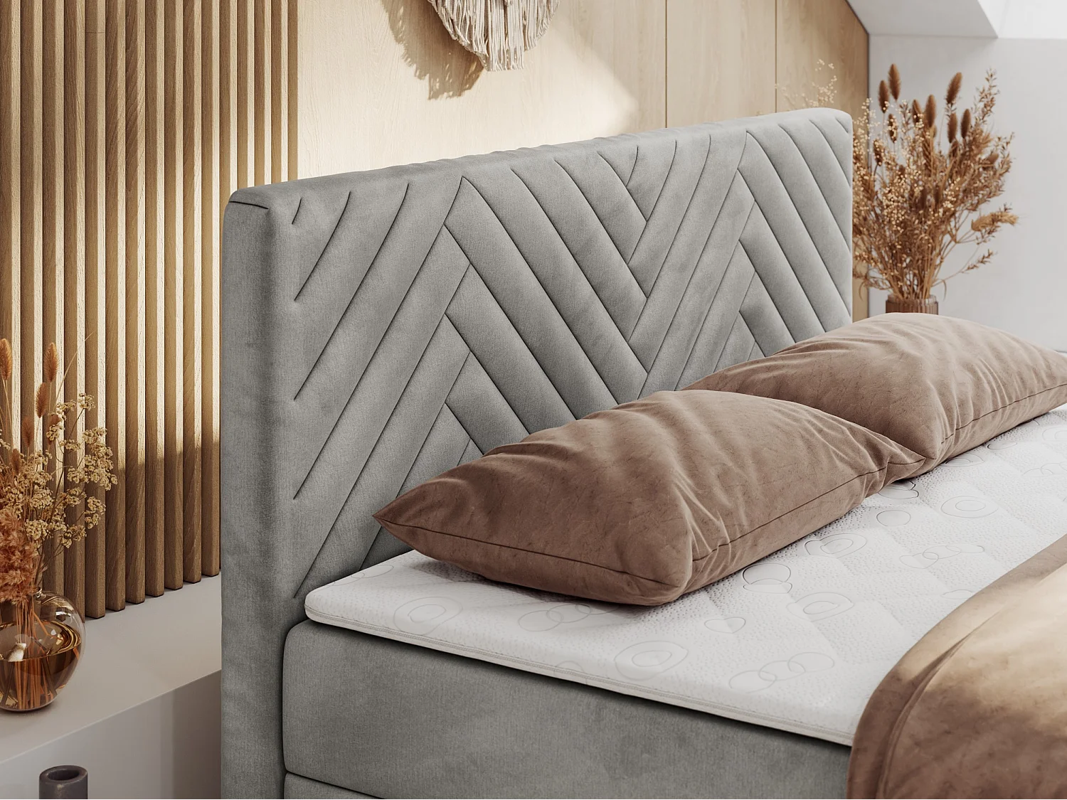 Boxspringbett PARIS DUO - Polsterbett mit genähtem Kopfteil und Frontplatte, Doppelbett, zwei Bettkästen - 180x200 cm - H3 - Hellgrau Velvet