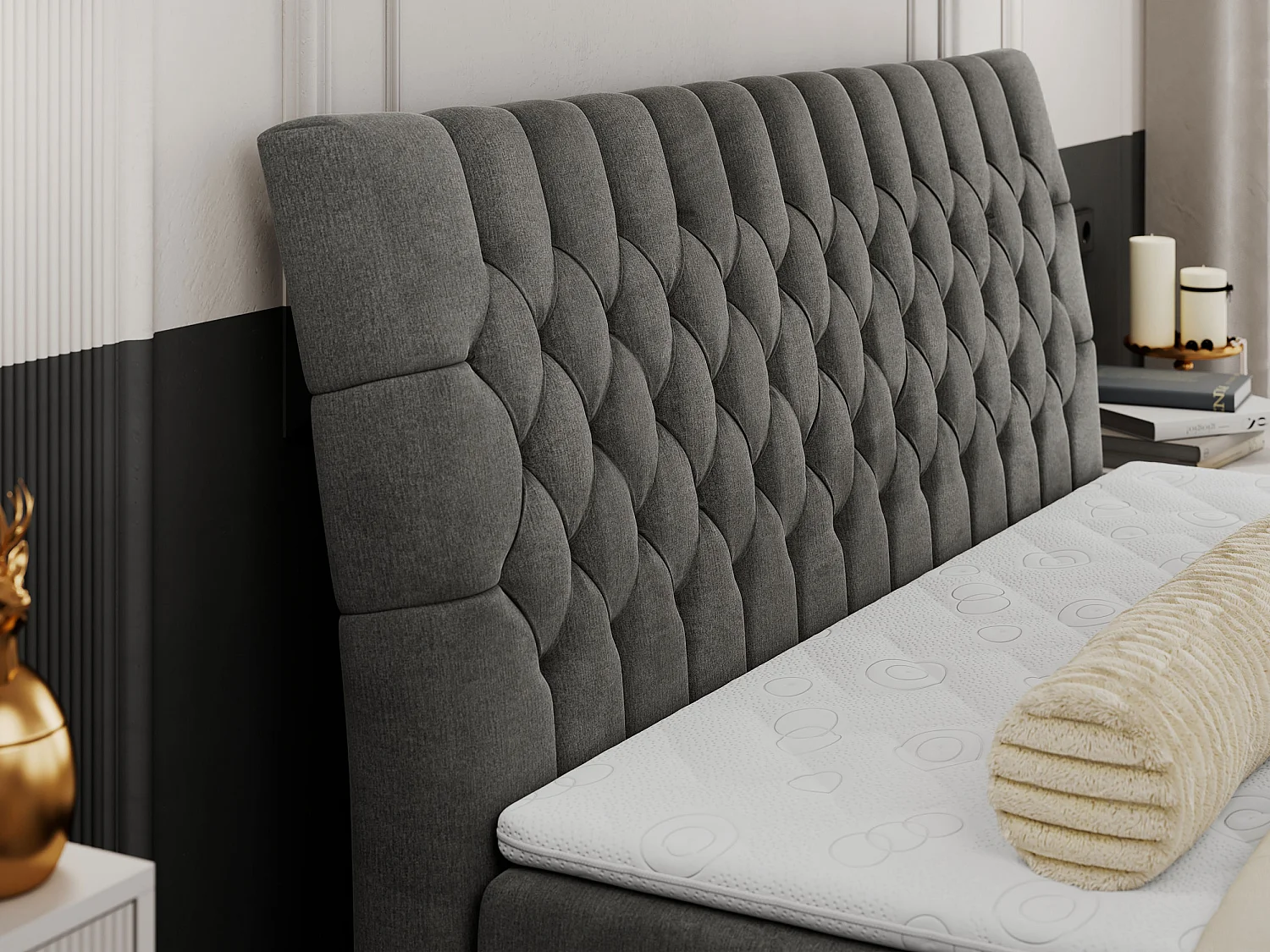 Boxspringbett MILEN - gepolstertes Schlafzimmerbett, zwei Multipocket-Matratze, dekorative hohe Beine - 140x200 cm - H4 - Dunkelgrau Velvet