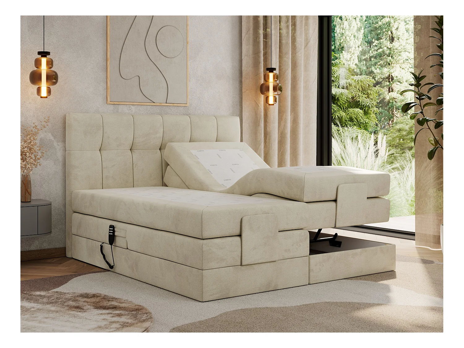 Boxspringbett VITTORIA - mit gestepptem Kopfteil, elektrischem Untergestell, Multipocket-Matratze - 160x200 cm - H3 - Beige Velvet