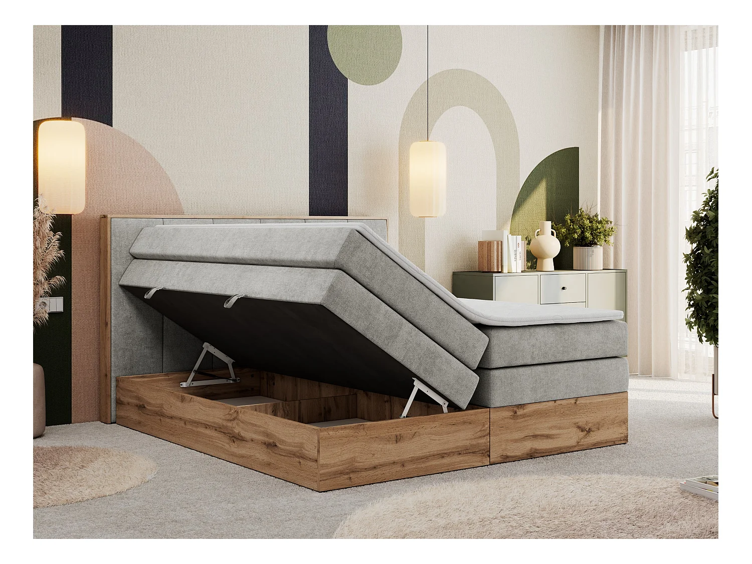 Boxspringbett ALBERO 1 KING - zwei 7 Härtezonen Multipocket-Matratzen, Doppelbett mit Stauraum, Eiche Wotan Holzrahmen - 140x200 cm - H3 - Hellgrau Strukture