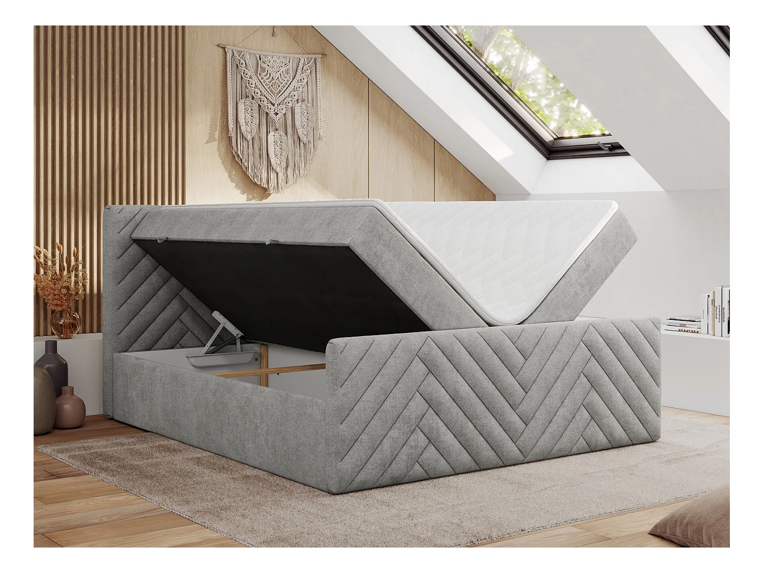 Boxspringbett PARIS DUO - Polsterbett mit genähtem Kopfteil und Frontplatte, Doppelbett, zwei Bettkästen - 140x200 cm - H3 - Hellgrau Strukture