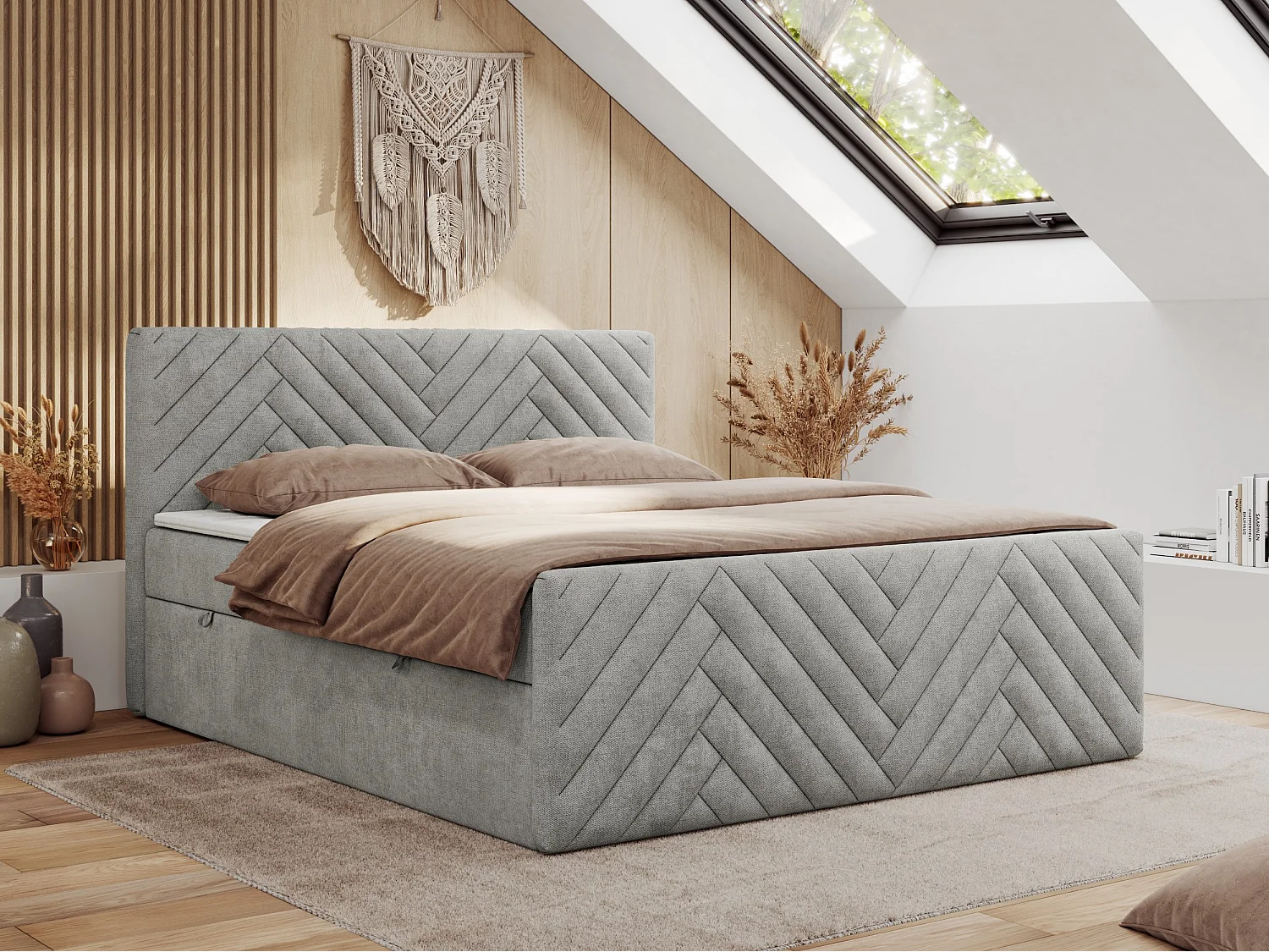 Boxspringbett PARIS DUO - Polsterbett mit genähtem Kopfteil und Frontplatte, Doppelbett, zwei Bettkästen - 140x200 cm - H3 - Hellgrau Strukture