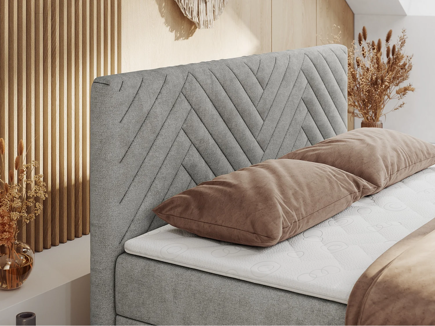 Boxspringbett PARIS DUO - Polsterbett mit genähtem Kopfteil und Frontplatte, Doppelbett, zwei Bettkästen - 140x200 cm - H3 - Hellgrau Strukture