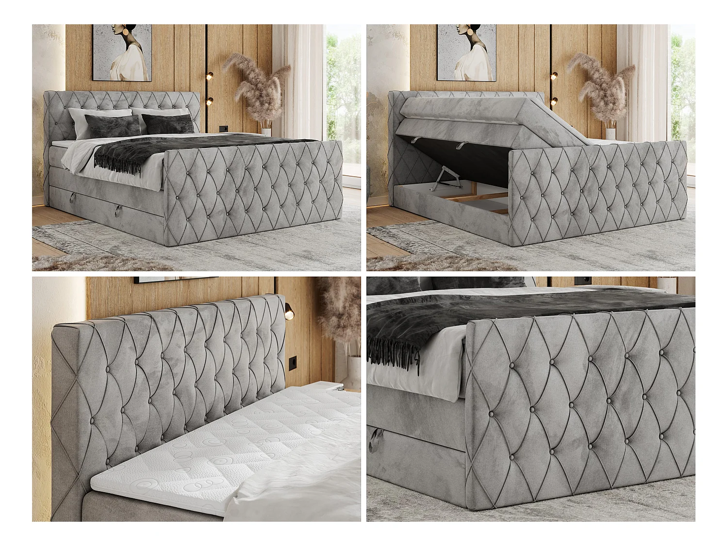 Boxspringbett MIREN KING DUO - für Schlafzimmer mit zwei Multipocket-Matratzen und Topper, gestepptes Kopfteil und Front  - 200x200 cm - H3 - Hellgrau Velvet