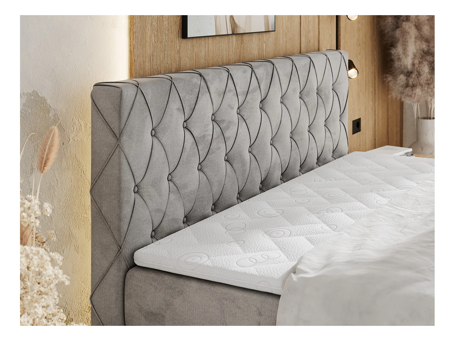 Boxspringbett MIREN KING DUO - für Schlafzimmer mit zwei Multipocket-Matratzen und Topper, gestepptes Kopfteil und Front  - 200x200 cm - H3 - Hellgrau Velvet