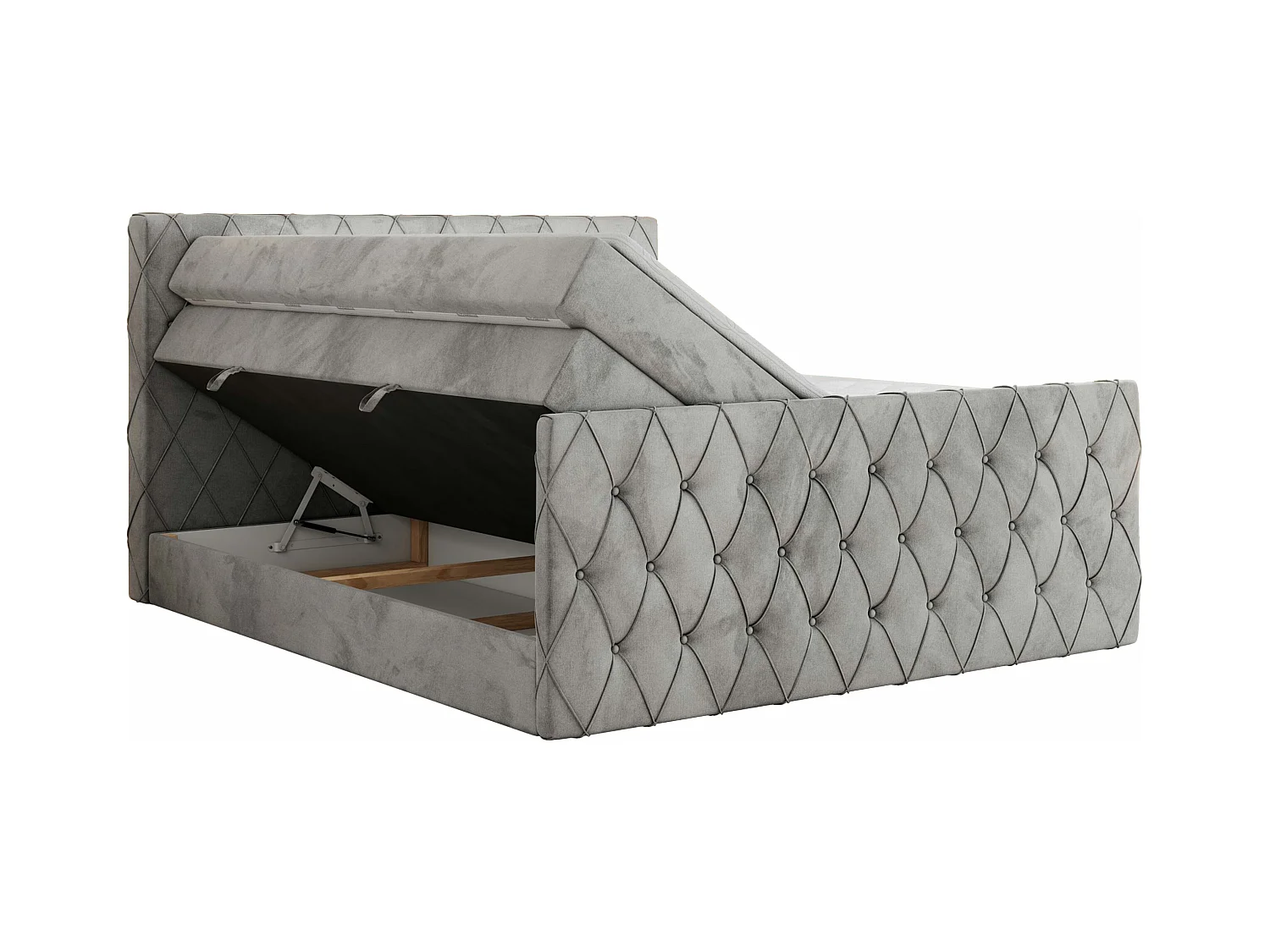 Boxspringbett MIREN KING DUO - für Schlafzimmer mit zwei Multipocket-Matratzen und Topper, gestepptes Kopfteil und Front  - 200x200 cm - H3 - Hellgrau Velvet