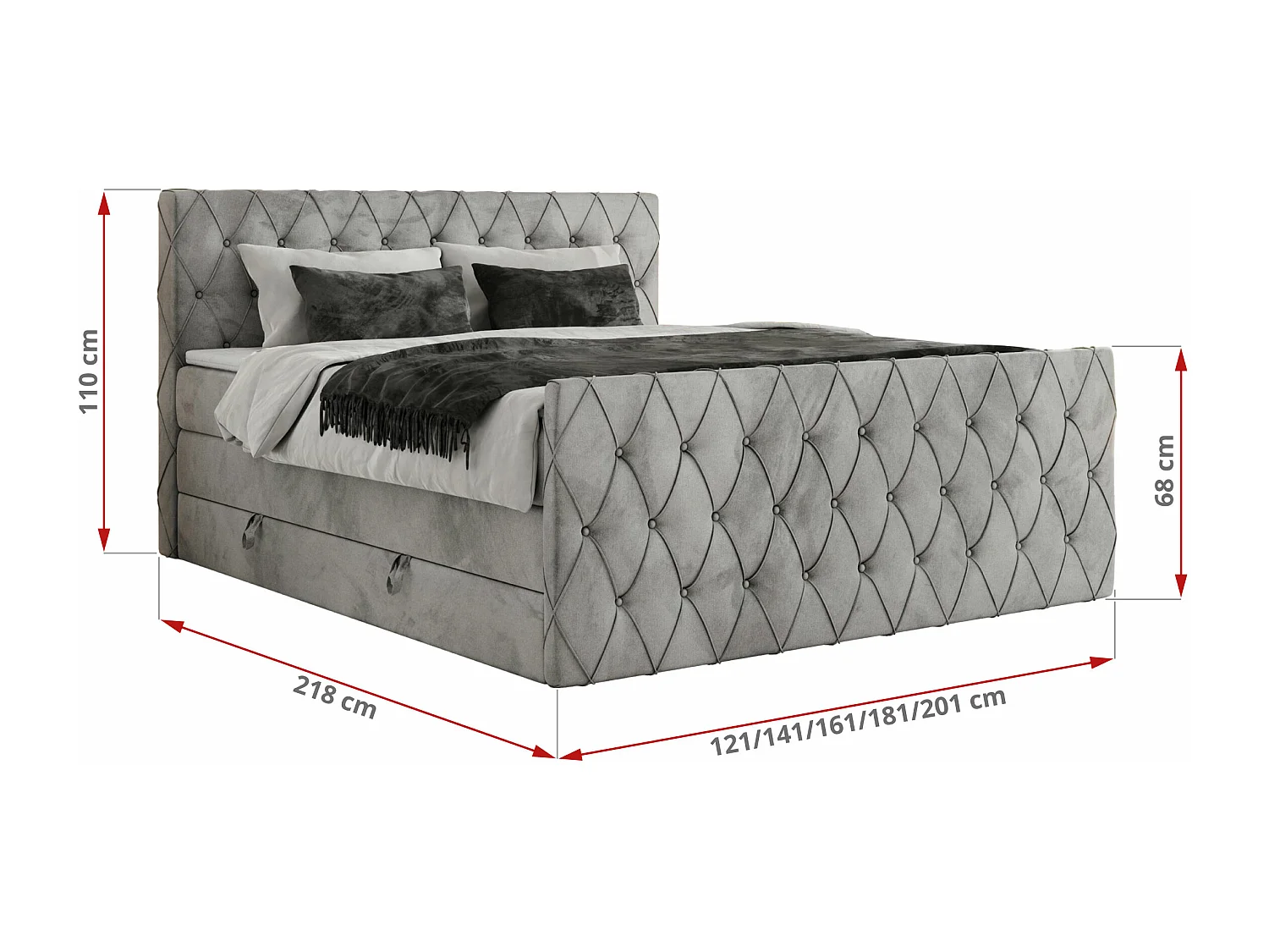 Boxspringbett MIREN KING DUO - für Schlafzimmer mit zwei Multipocket-Matratzen und Topper, gestepptes Kopfteil und Front  - 200x200 cm - H3 - Hellgrau Velvet
