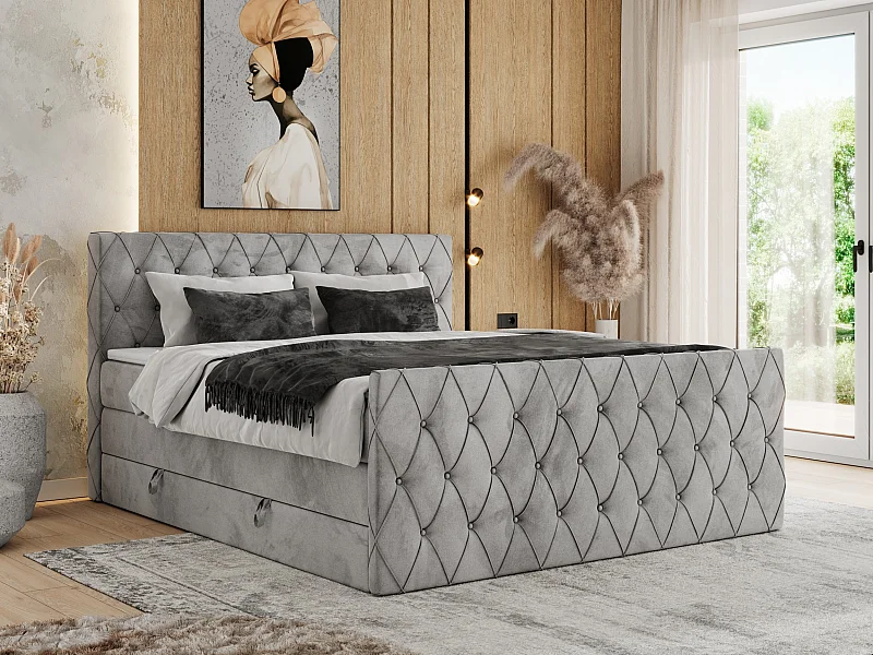 Boxspringbett MIREN KING DUO - für Schlafzimmer mit zwei Multipocket-Matratzen und Topper, gestepptes Kopfteil und Front  - 200x200 cm - H3 - Hellgrau Velvet