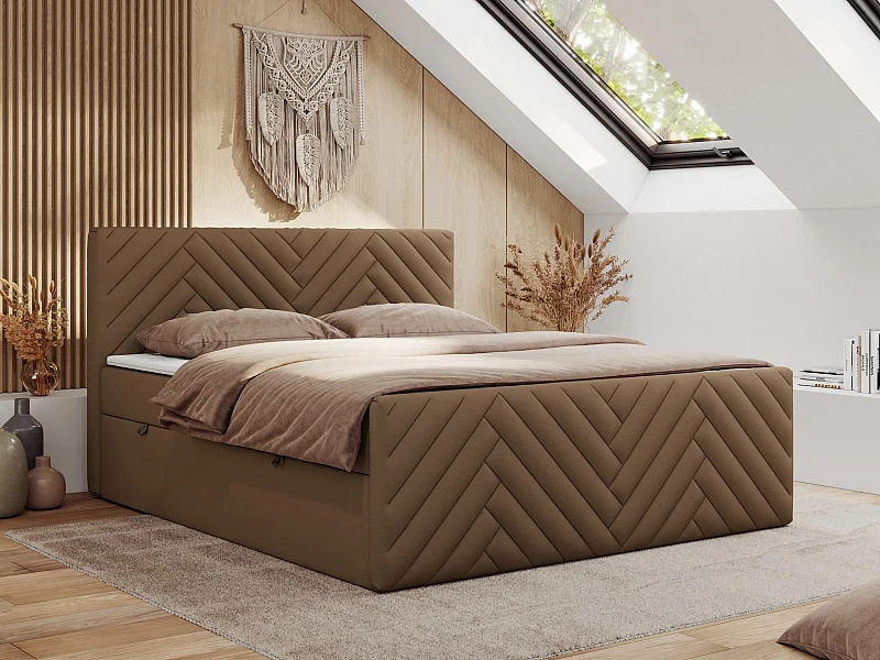 Boxspringbett PARIS DUO - Polsterbett mit genähtem Kopfteil und Frontplatte, Doppelbett, zwei Bettkästen - 160x200 cm - H3 - Braun Kunstleder