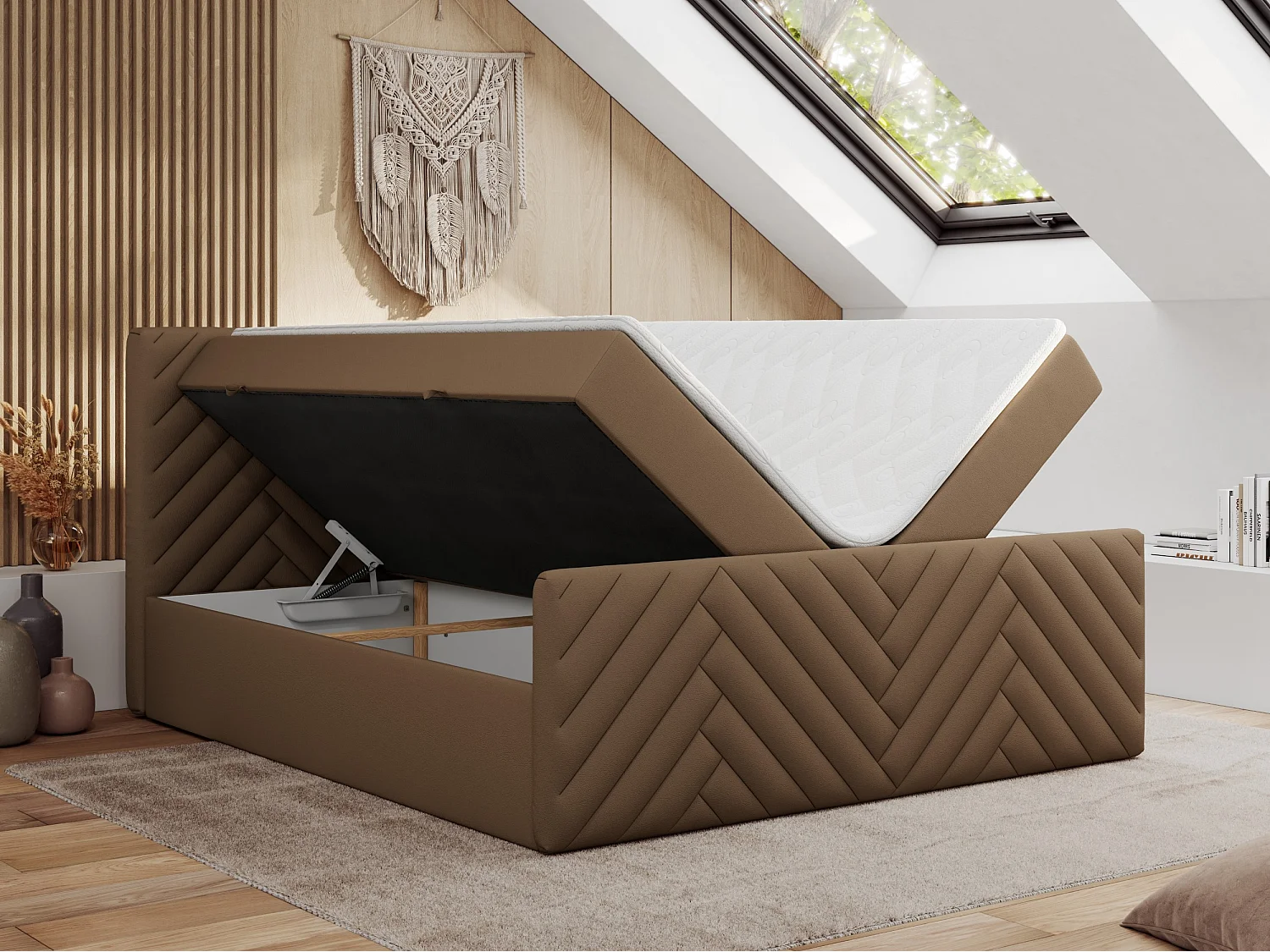 Boxspringbett PARIS DUO - Polsterbett mit genähtem Kopfteil und Frontplatte, Doppelbett, zwei Bettkästen - 160x200 cm - H3 - Braun Kunstleder