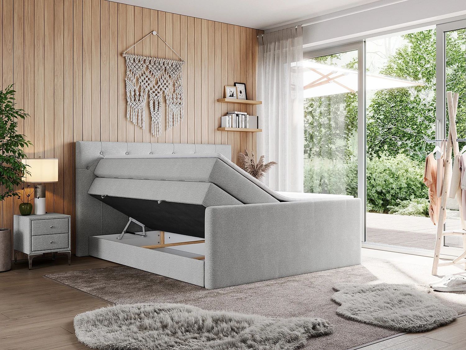 Boxspringbett VELEN KING - Doppelbett mit gestepptem Kopfteil, zwei Multipocket-Matratzen, Polsterbett mit Kopfstütze - 140x200 cm - H4 - Hellgrau Strukture