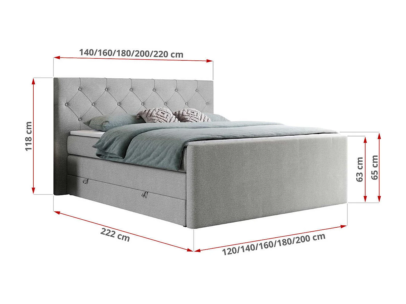 Boxspringbett VELEN KING - Doppelbett mit gestepptem Kopfteil, zwei Multipocket-Matratzen, Polsterbett mit Kopfstütze - 140x200 cm - H4 - Hellgrau Strukture