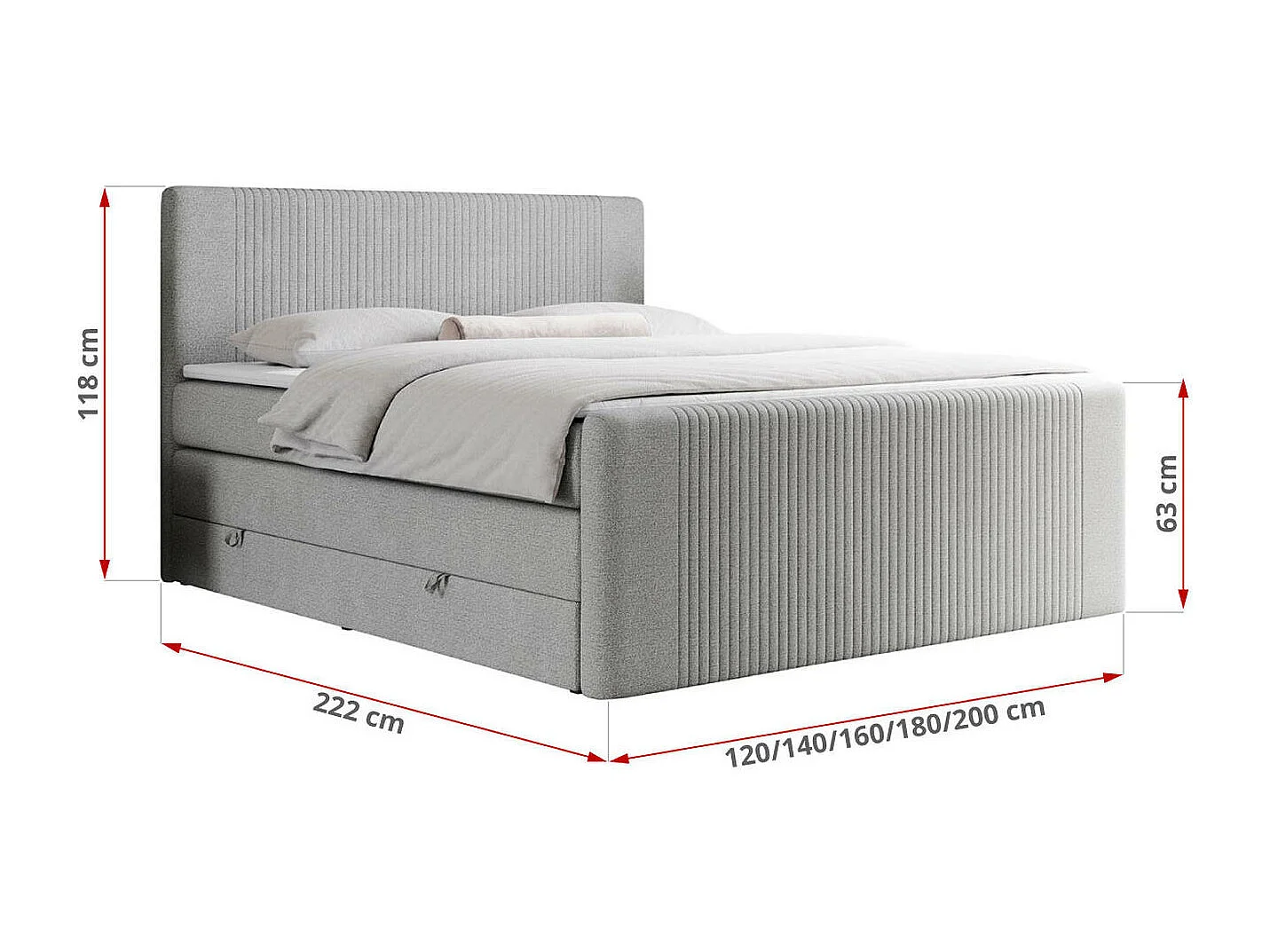 Boxspringbett DOREN KING - mit gesteppter Front und Kopfteil, zwei Multipocket-Matratzen und Topper, Doppelbett - 120x200 cm - H4 - Hellgrau Strukture