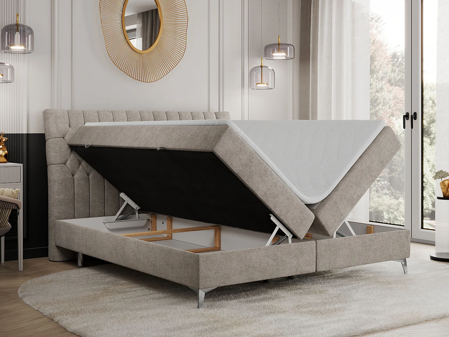 Boxspringbett MILEN - gepolstertes Schlafzimmerbett, zwei Multipocket-Matratze, dekorative hohe Beine - 120x200 cm - H4 - Beige Strukture